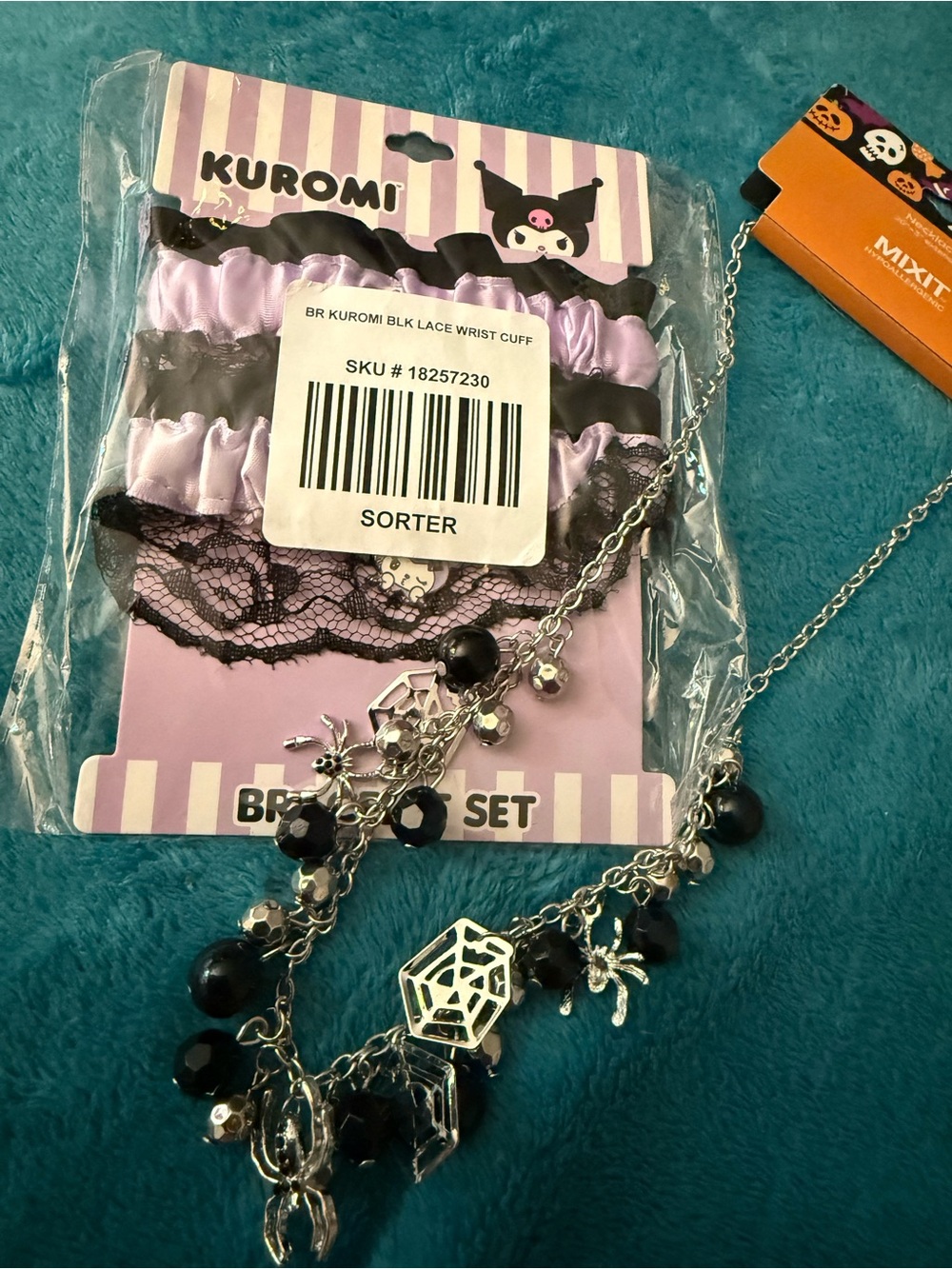 Spooky bundle kuromi garters and spider necklace halloween boo basket